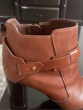 Tory Burch Cognac Leather Ankle Booties with Strap Accent